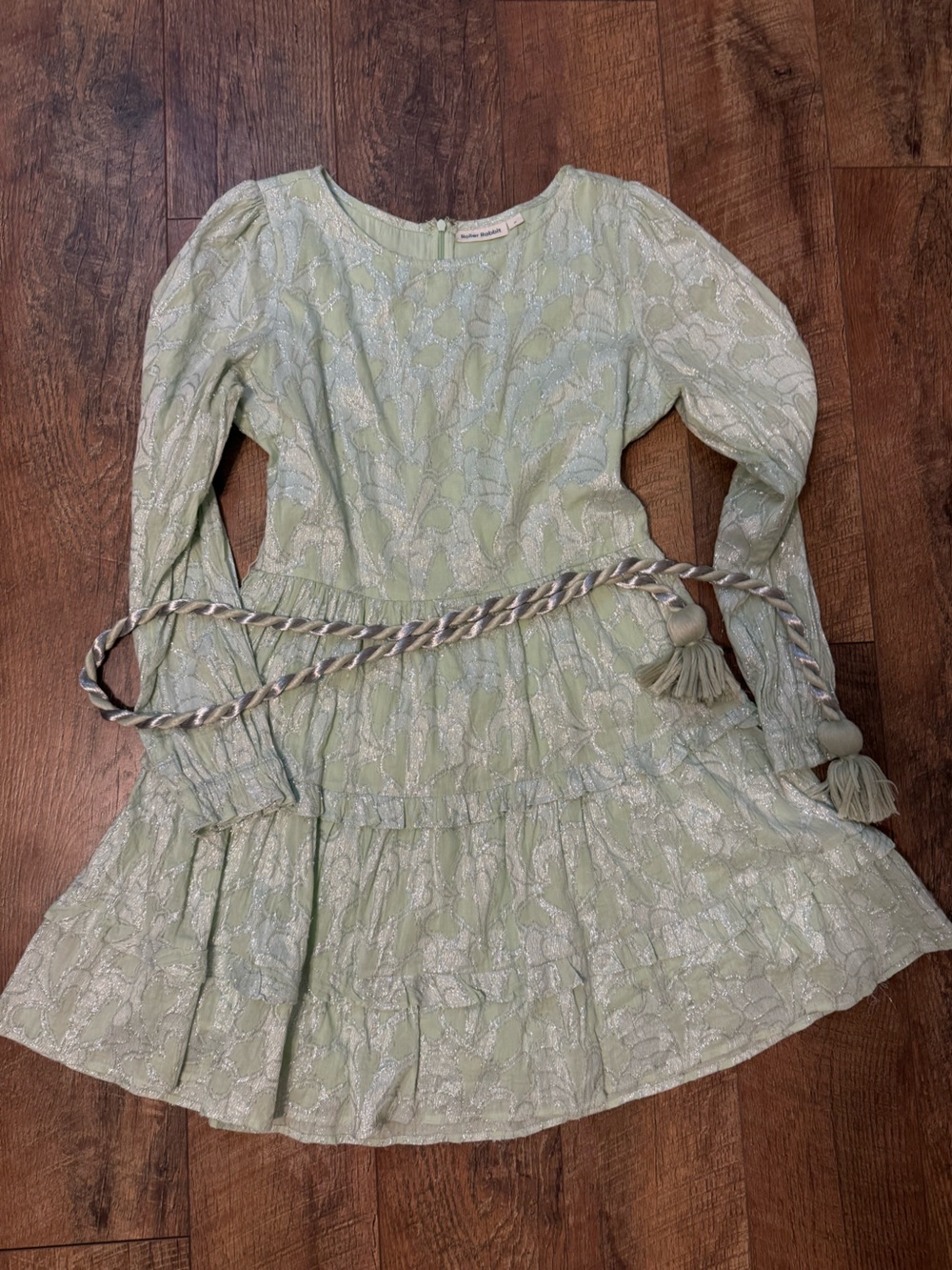 Roller Rabbit Light Sage Mini Dress with Metallic Jacquard & Tassel Belt